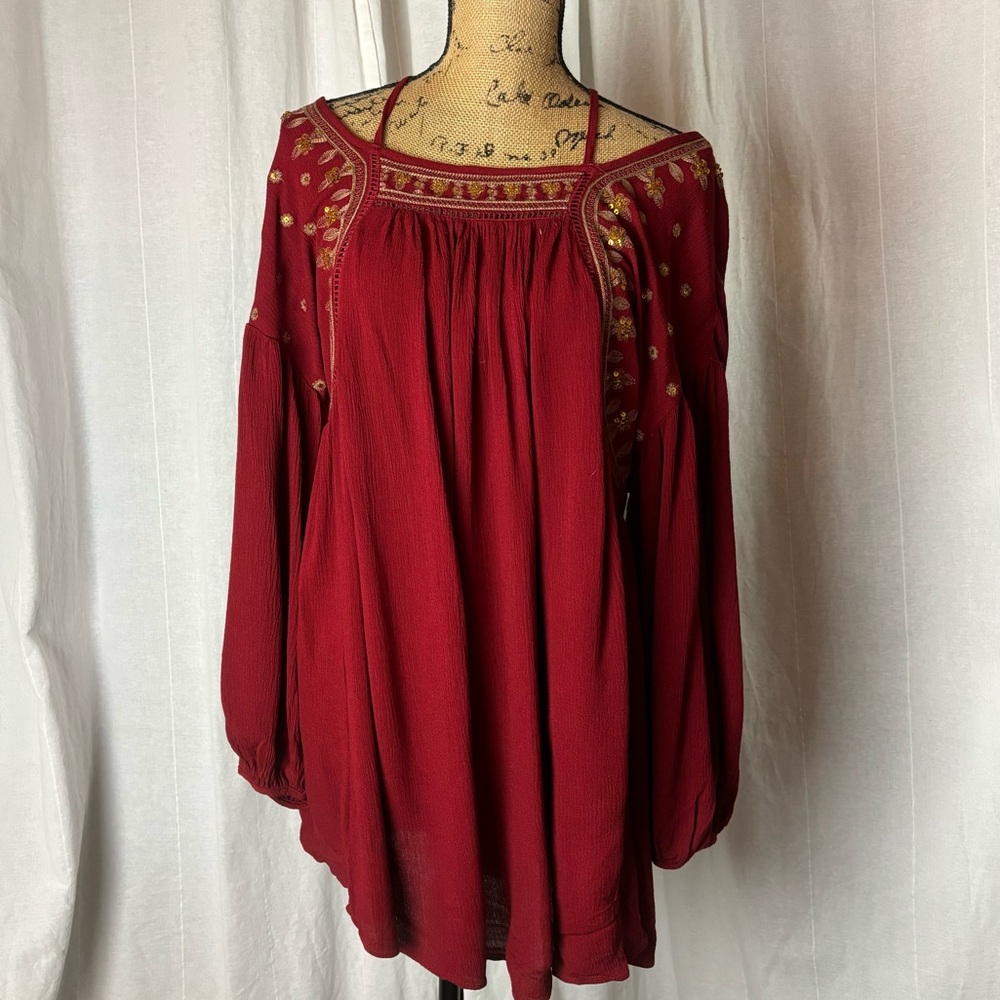 NWT Altar’d State Burgundy Boho Mini Peasant Dress Metallic Embroidery Size S